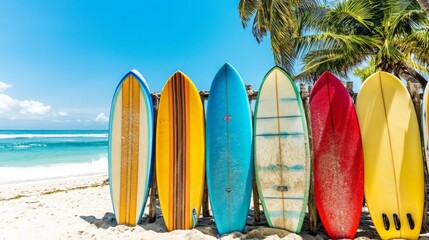 Tropical Beach Enthusiasm: Colorful Surfboards Aligned on Pristine Sand, Embracing the Surfing Culture