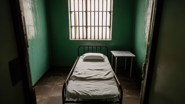 Prison cell with iron bed, medical table, and bars on window, high-resolution photography