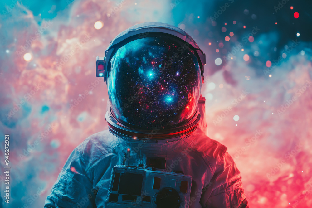 Poster astronaut wearing helmet against abstract cosmic background. man in spacesuit with neon lighting and