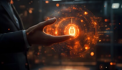 Fototapeta premium Hand Holding a Glowing Security Lock Symbol in a Holographic Sphere