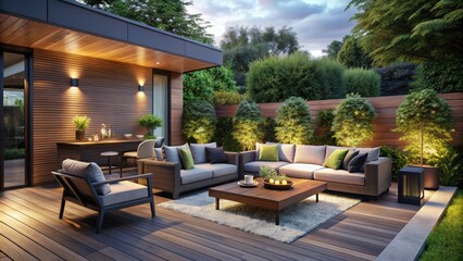 Fototapeta premium Inviting saltbox-style patio with sleek, low-profile contemporary outdoor furniture, surrounded by lush greenery and warm ambient lighting, exuding modern sophistication and cozy retreat ambiance.