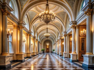 Fototapeta premium Grand, high-ceilinged corridor with ornate, curved archways and stately columns, exuding refined elegance and sophistication in a beautifully restored classical architectural setting.