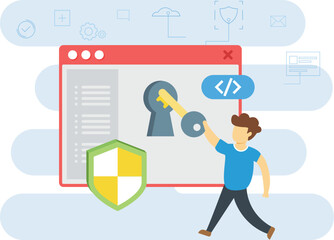 The boy is standing with holding a key.