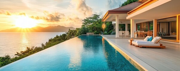 Fototapeta premium A luxurious villa with an infinity pool overlooking the ocean, symbolizing exclusive property investments with a rising sun graph