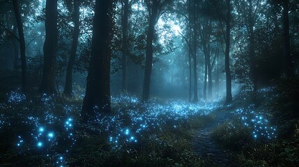 Fototapeta premium An enchanted forest path lit by glowing blue fireflies, creating a mystical night scene.