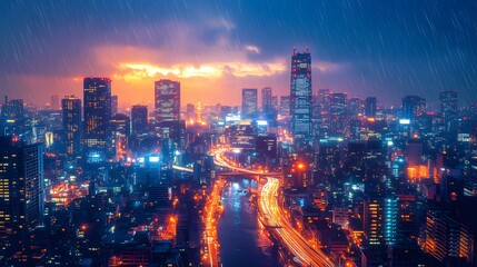 Fototapeta premium A vibrant night view of a futuristic cityscape, showcasing illuminated skyscrapers and glowing street lights, with a technology-driven atmosphere.