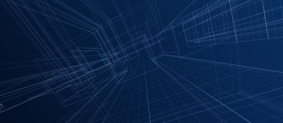 Abstract Background Blue Wireframe Architectural Design Geometric Line Pattern with Perspective Overlaps