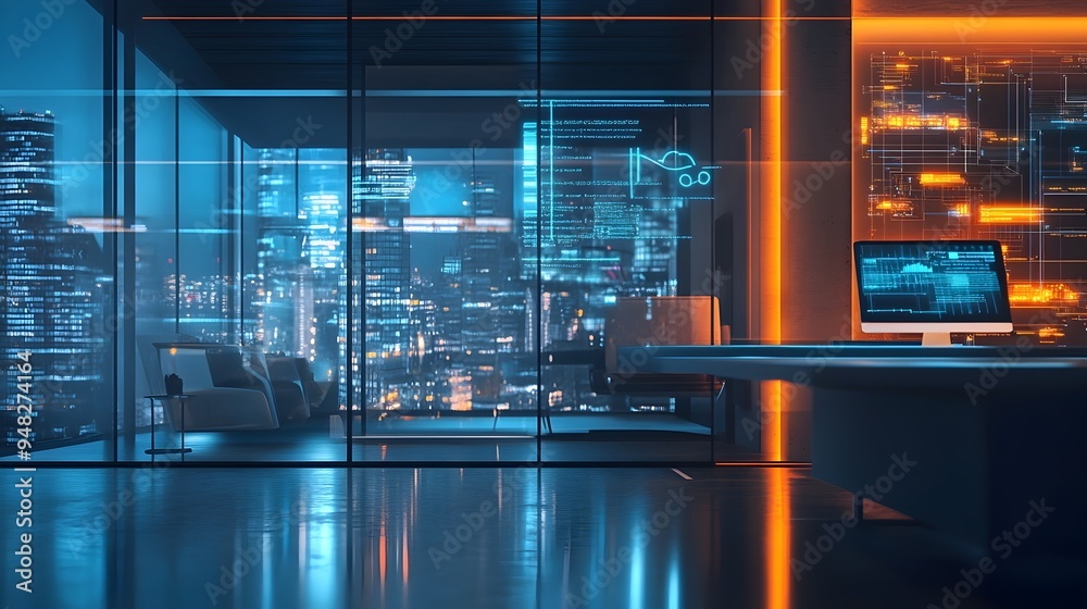 Poster technologically advanced smart office workspace with customizable settings for optimal productivity 