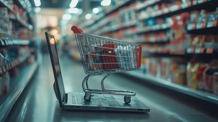 Un carrito de la compra y un ordenador portátil, compras online