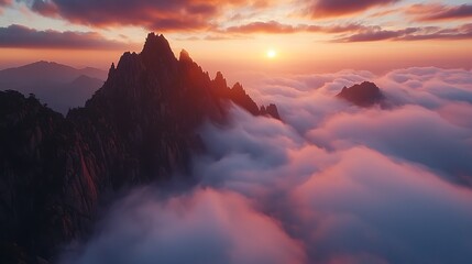 Majestic mountain peaks rise above the clouds at sunset, bathed in golden light.