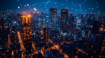 Fototapeta premium A technologically sophisticated city at night, highlighted by brightly illuminated skyscrapers and street lights, set against a high-tech urban background.