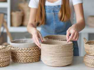  Woman making rope square interior baskets, photo of a process.