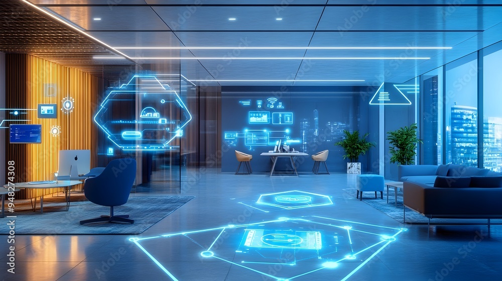 Poster a photograph showcasing a technologically advanced smart office space that utilizes internet of thin
