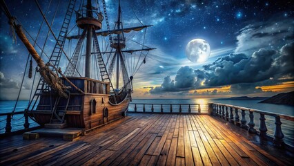 Fototapeta premium Night view of an old pirate ship deck in mixed media