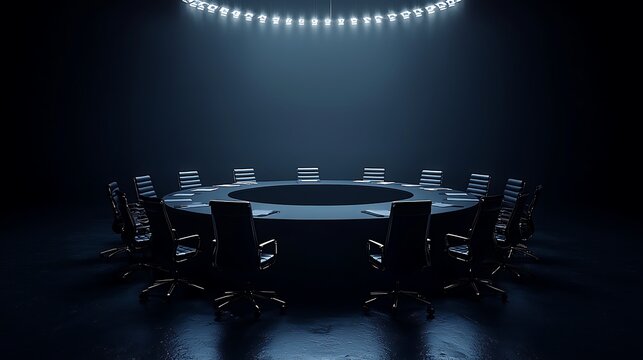 An empty round meeting table surrounded by chairs in a dimly lit room, exuding a moody ambiance.