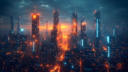Fototapeta premium Nighttime city skyline with towering, illuminated skyscrapers and glowing street lights, set against a backdrop of technological innovation.