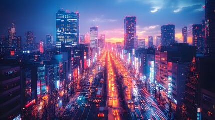 Futuristic city at night, characterized by illuminated skyscrapers and street lights that line the streets, showcasing a tech-savvy urban setting.