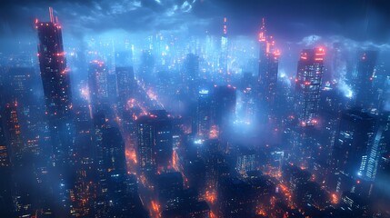 Fototapeta premium A night scene of a modern city with glowing skyscrapers and street lights, emphasizing the advanced technology that defines the urban landscape.