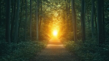 Obraz premium A glowing path leading through a dense forest, with the trees representing obstacles and the light at the end symbolizing business success
