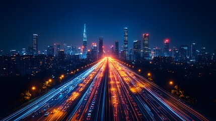 Obraz premium Nighttime city skyline featuring glowing skyscrapers and street lights, symbolizing the technological advancements of the urban setting.