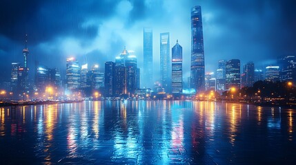 Nighttime city skyline featuring glowing skyscrapers and street lights, symbolizing the technological advancements of the urban setting.