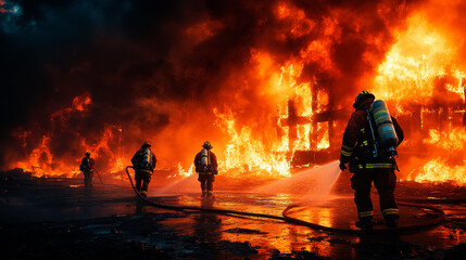 Old building in full flaming inferno, and a firefighter fighting the flames