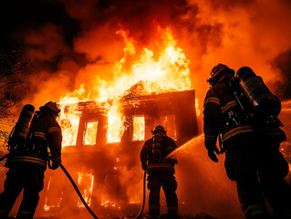 Old building in full flaming inferno, and a firefighter fighting the flames