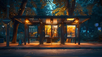 Fototapeta premium Empty Bus Stop at Night with Autumn Leaves on the Ground and Illuminated Glass Panels Showing Trees, Urban Landscape, Nighttime, Cityscape, Street Light.