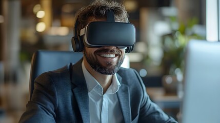 Man in a suit, smiling while wearing virtual reality goggles at his desk, engaging with a virtual interface in a professional office environment.