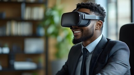 Man in a suit, smiling while wearing virtual reality goggles at his desk, engaging with a virtual interface in a professional office environment.