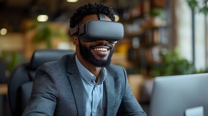 Man in a suit, smiling while wearing virtual reality goggles at his desk, engaging with a virtual interface in a professional office environment.