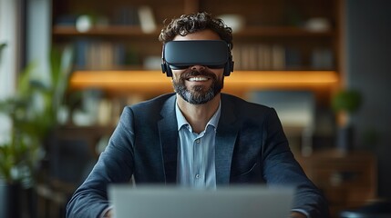 Man in a suit, smiling while wearing virtual reality goggles at his desk, engaging with a virtual interface in a professional office environment.