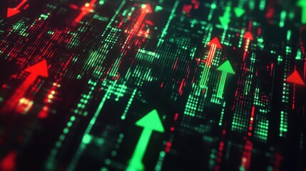 Fototapeta premium A forex trading screen filled with green and red arrows, symbolizing the chaotic nature of a highvolatility market