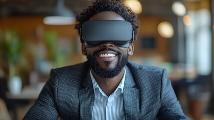 Man in a business suit, smiling as he uses virtual reality goggles at his desk, engaging in imaginative poses while immersed in a digital world.