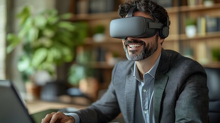 Man in a business suit, smiling as he uses virtual reality goggles at his desk, engaging in imaginative poses while immersed in a digital world.