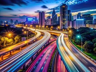 Obraz premium Vibrant cityscape at night features a busy highway with streaking car lights, capturing the dynamic movement and energy of urban life through long exposure photography.