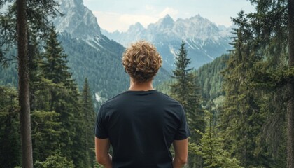 Silhouette of Man in Black T-Shirt Against Lush Forest Backdrop: Minimalist Nature Connection Scene. Elegant Composition for Outdoor Adventure, Environmental Awareness, and Personal Growth Marketing C