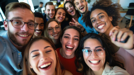 Fototapeta premium A team of diverse executives, with different genders, races and backgrounds, shares fun selfies in the office. These moments highlight their strong bond and a lively, creative workplace.