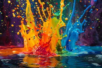 A canvas baptized in a kaleidoscope of hues, where liquid joy explodes into a boundless realm of imagination, splatters creating a vivid, dynamic masterpiece.