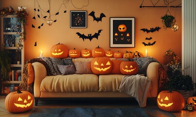 holiday decoration and party concept - home room with jack-o-lanterns or pumpkins on sofa and halloween decorations.
