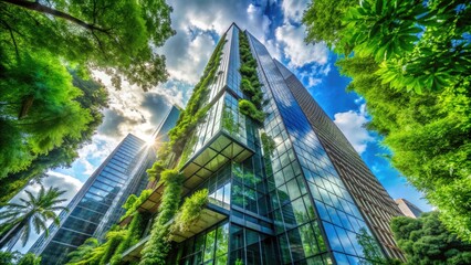Towering glass skyscraper stands amidst lush greenery, reflecting its surroundings and exuding eco-friendliness, its grandeur captured from a low angle, emphasizing its majestic presence.