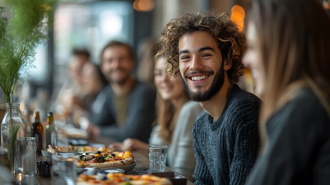 A relaxed office lunch break with coworkers from different cultures, laughing, talking, and enjoying pizza with coffee at a communal table.