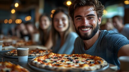 A lively scene of diverse coworkers enjoying a relaxed lunch break in the office, sharing pizza and coffee, with smiles and lighthearted conversation.