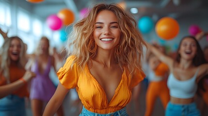 A lively company party with diverse employees dancing in a modern office, celebrating a recent business achievement with excitement and joy.