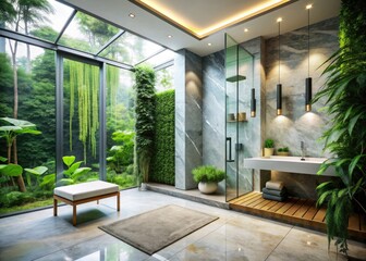 Fototapeta premium Elegant spa corner with sleek marble bench, rainfall showerhead, and lush greenery, surrounded by floor-to-ceiling glass walls in a modern bathroom retreat.