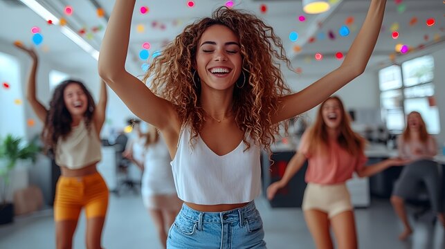 A modern office scene with diverse coworkers dancing and celebrating their business success, filled with energy, excitement, and teamwork spirit.