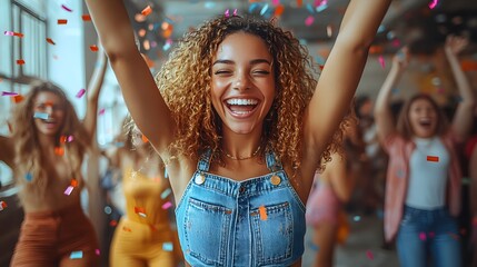 Obraz premium A vibrant office celebration with diverse employees dancing and enjoying their business success, creating a joyful and energetic atmosphere.