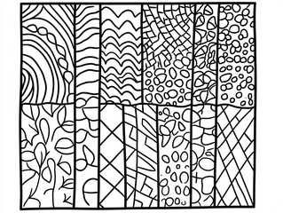 A collection of 12 black and white abstract line art patterns, each with a unique design.