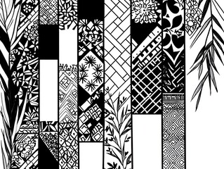 Abstract black and white pattern with geometric shapes and floral motifs.