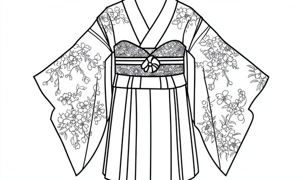 recommend clip art: Line drawing of a traditional Japanese kimono with floral designs.
